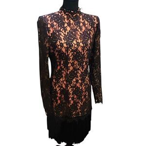 Vintage CACHE Black Lace Dress Illusion Tassels Sleeves Whimsigoth Prom Size 10